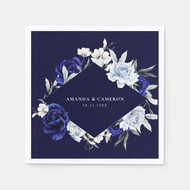 Guardanapo De Papel Casamento Floral de Marinho Azul Elegante (Frente)