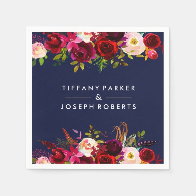 Guardanapo De Papel Casamento Floral de Marinho Azul Jardim Botânico (Frente)