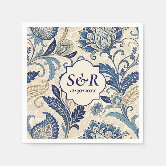 Guardanapo De Papel Casamento Floral de Monograma Azul e Creme Damask (Frente)