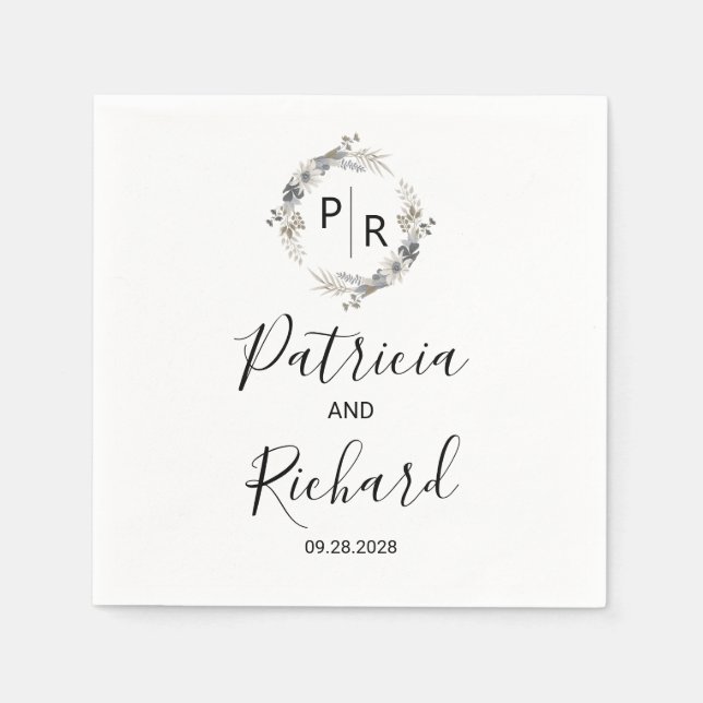 Guardanapo De Papel Casamento Floral de Monograma de Aquarela (Frente)