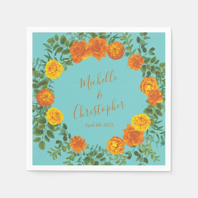 Guardanapo De Papel Casamento Floral de Orange Teal Aqua Peony e Rosa (Frente)