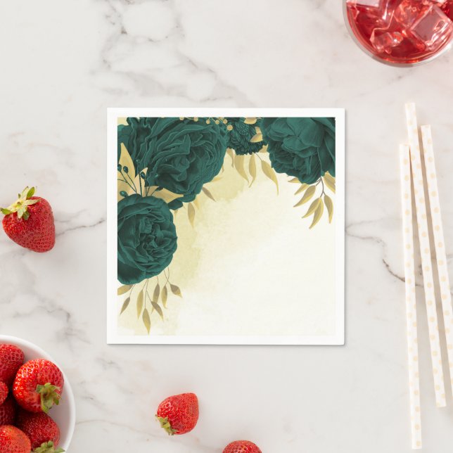 Guardanapo De Papel Casamento floral de ouro verde-esmeralda (Insitu)