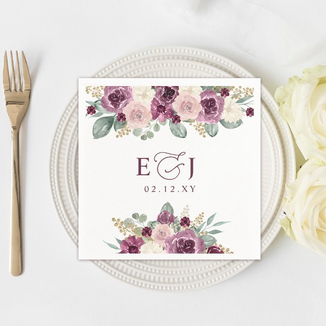 Guardanapo De Papel Casamento Floral de Plum Botânico Moderno Elegante (Elegant Modern Botanical Plum Floral Wedding Napkins)