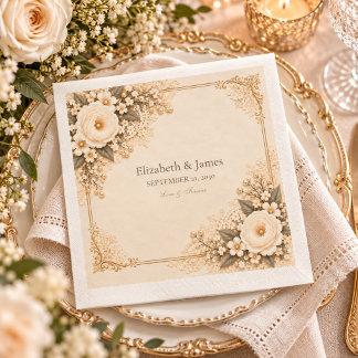 Guardanapo De Papel Casamento Floral de Renda Romântico em Marfim Anti