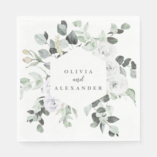 Guardanapo De Papel Casamento floral de Rosas Brancas e Greenery (Frente)