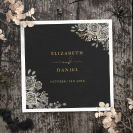 Guardanapo De Papel Casamento Floral de Rosas Preto Gótico e Dourado