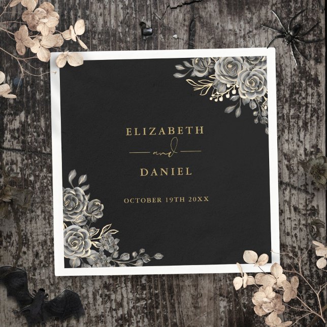 Guardanapo De Papel Casamento Floral De Rosas Pretos E Dourados Gótico (Gothic Black And Gold Roses Floral Wedding Napkins)