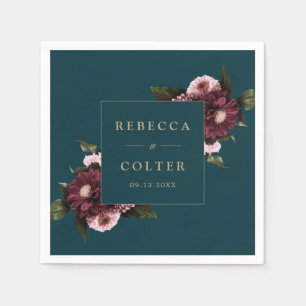 Guardanapo De Papel Casamento Floral de Teal Burgundy Escuro Elegante