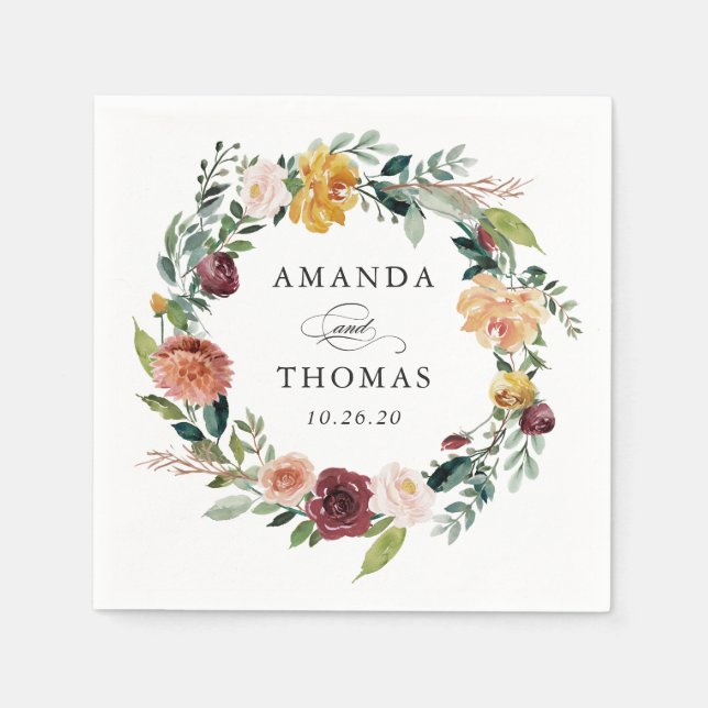 Guardanapo De Papel Casamento Floral de Wreath Floral de Outono Laranj (Frente)