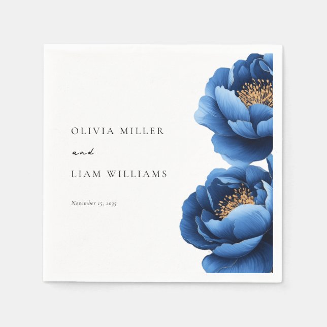 Guardanapo De Papel Casamento Floral Dourado Azul-Marinho Elegante (Frente)