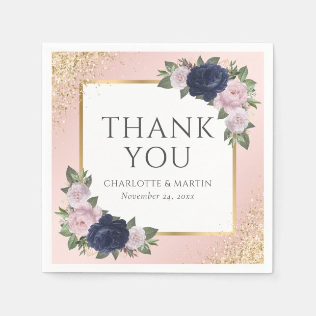 Guardanapo De Papel Casamento Floral Dourado Azul-Marinho Escamudo (Frente)