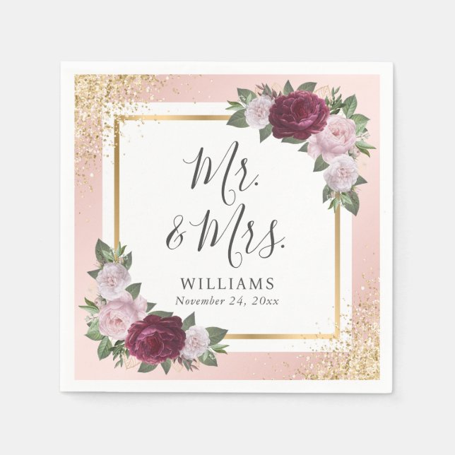 Guardanapo De Papel Casamento Floral Dourado Burgundy Blush (Frente)