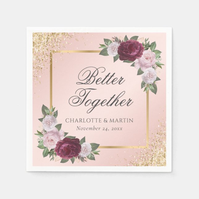 Guardanapo De Papel Casamento Floral Dourado Burgundy Blush (Frente)