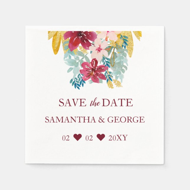 Guardanapo De Papel Casamento Floral Dourado de Burgundy Marsala (Frente)