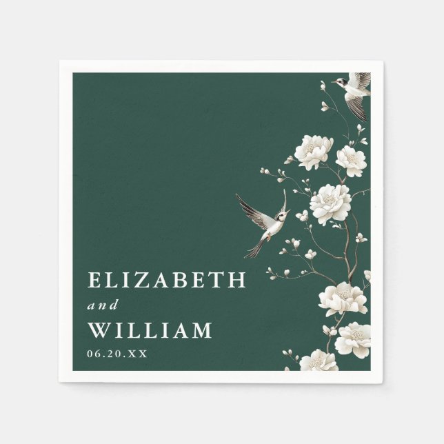 Guardanapo De Papel Casamento Floral Elegante Chinoiserie Emerald Gree (Frente)