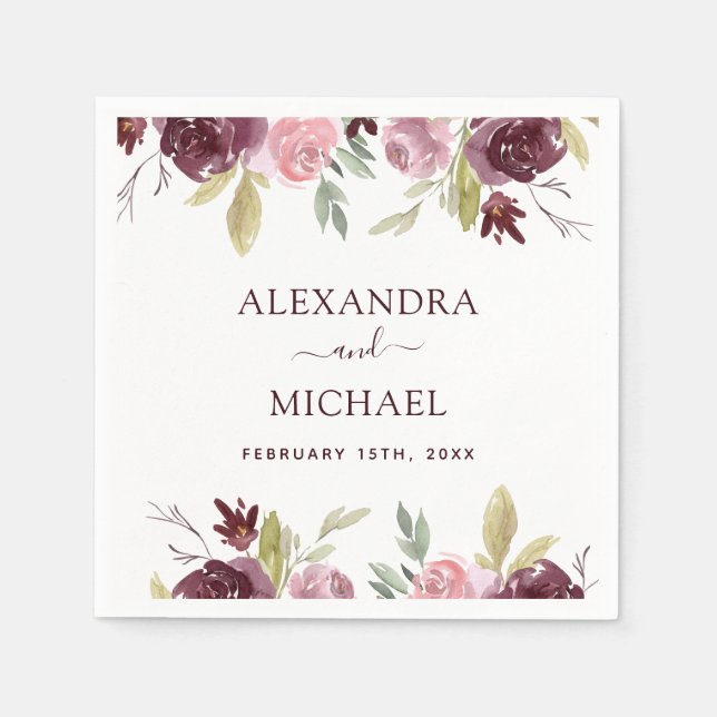 Guardanapo De Papel Casamento Floral Elegante De Burgundy (Frente)