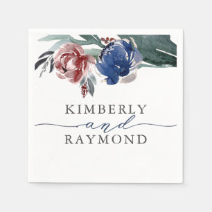 Guardanapo De Papel Casamento Floral Elegante de marinho Azul e Borgon