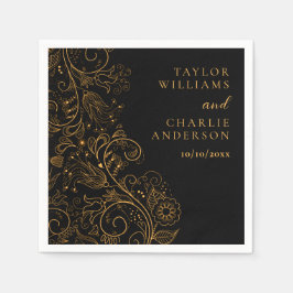 Guardanapo De Papel Casamento Floral Elegante Dourado e Negro