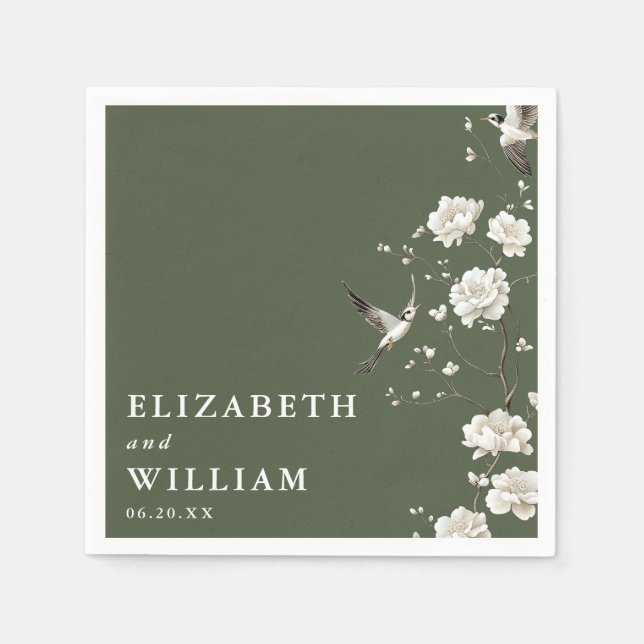 Guardanapo De Papel Casamento Floral Elegante em Verde Oliva Chinesice (Frente)