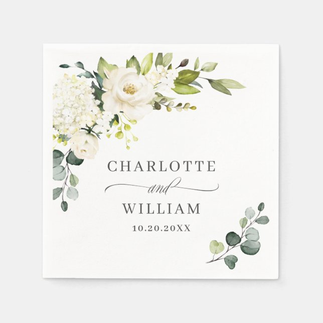 Guardanapo De Papel Casamento Floral Elegante Eucalyptus White Roses (Frente)