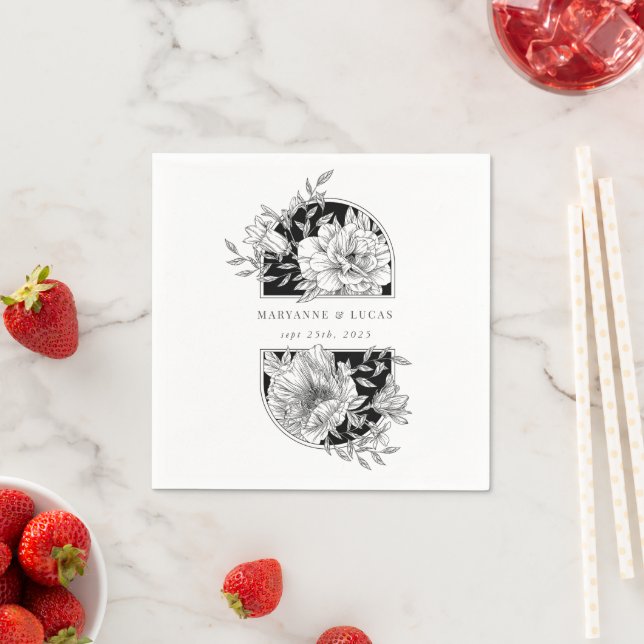 Guardanapo De Papel Casamento Floral Elegante Negro e Branco (Insitu)