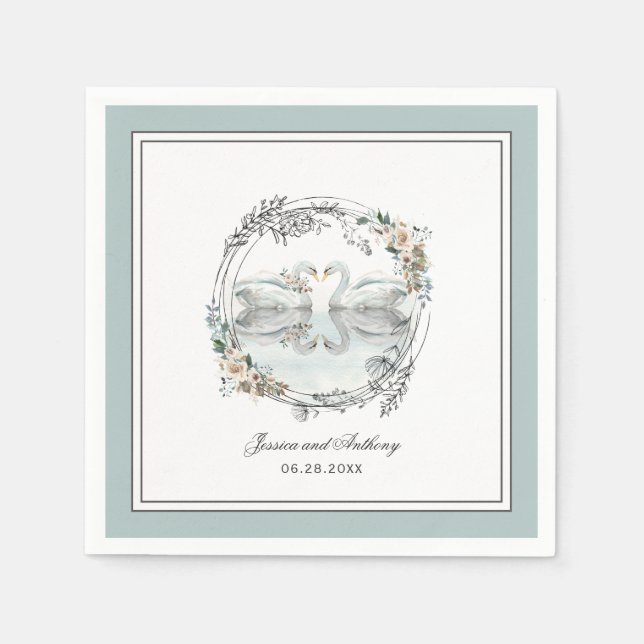 Guardanapo De Papel Casamento Floral Elegante Swans Watercolor (Frente)