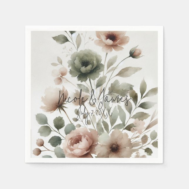 Guardanapo De Papel Casamento Floral em Aquarela com Tons de Oliva Des (Frente)