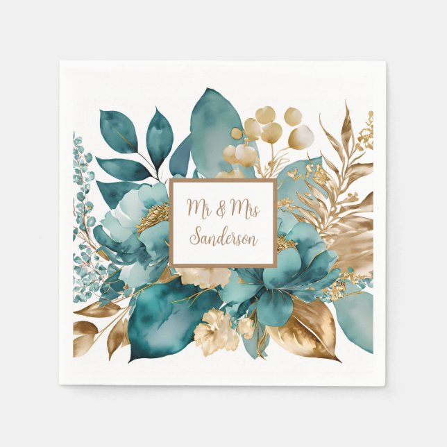 Guardanapo De Papel Casamento Floral em Azul Turquesa e Dourado (Frente)