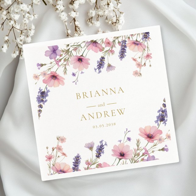Guardanapo De Papel Casamento Floral específico do cliente (Personalized Customer specific Floral, Pink + Purple  Wedding Napkins with your name and date.)