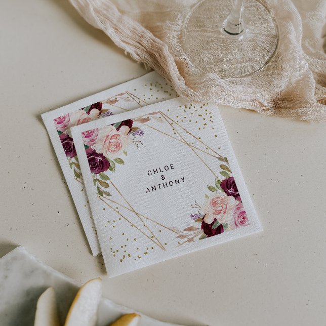 Guardanapo De Papel Casamento Floral Glitter Burgundy Dourado Geométri (Criador carregado)