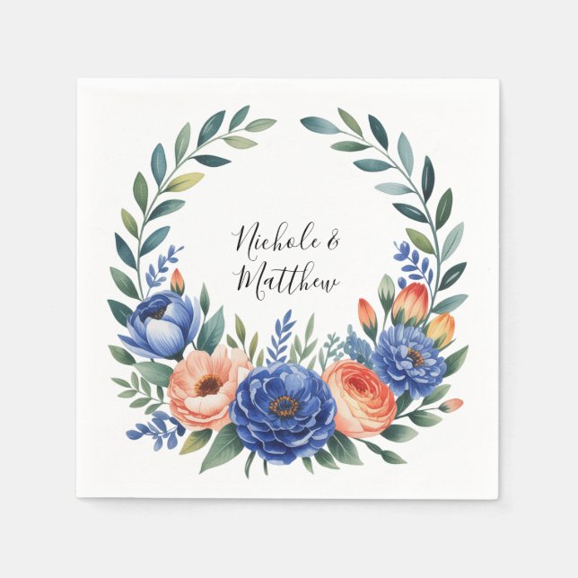 Guardanapo De Papel Casamento Floral Laranja e Azul Cobalto (Frente)