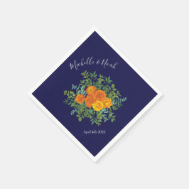 Guardanapo De Papel Casamento Floral Laranja e Marinho Azul
