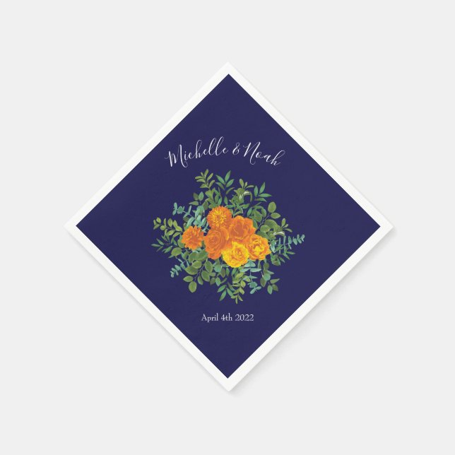 Guardanapo De Papel Casamento Floral Laranja e Marinho Azul (Canto)