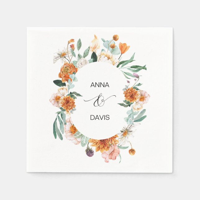 Guardanapo De Papel Casamento Floral Laranja e Verde Napkins (Frente)