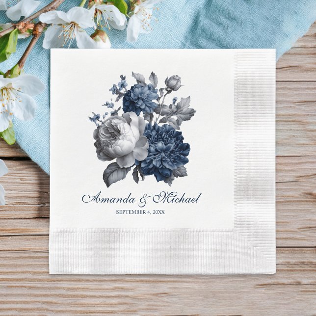 Guardanapo De Papel Casamento Floral Moderno de Blues e Cinzas (Modern Blues & Gray Floral Wedding Napkins)