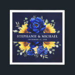 Guardanapo De Papel Casamento Floral Moderno de Girassol Russo Real<br><div class="desc">Os guardanapos de papel para casamentos elegantes e modernos do país rústico contêm girassol amarelo brilhante, peões azuis reais, hálito de bebê, armação floral de girófila/coroa com folhas de eucalipto. Por favor, encontre mais designs e variações na minha loja de "blisswedingpaperie". E fique à vontade para me contactar para mais...</div>