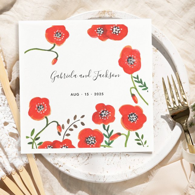 Guardanapo De Papel Casamento floral moderno de papoilas vermelhas (Red poppies modern floral wedding napkins)