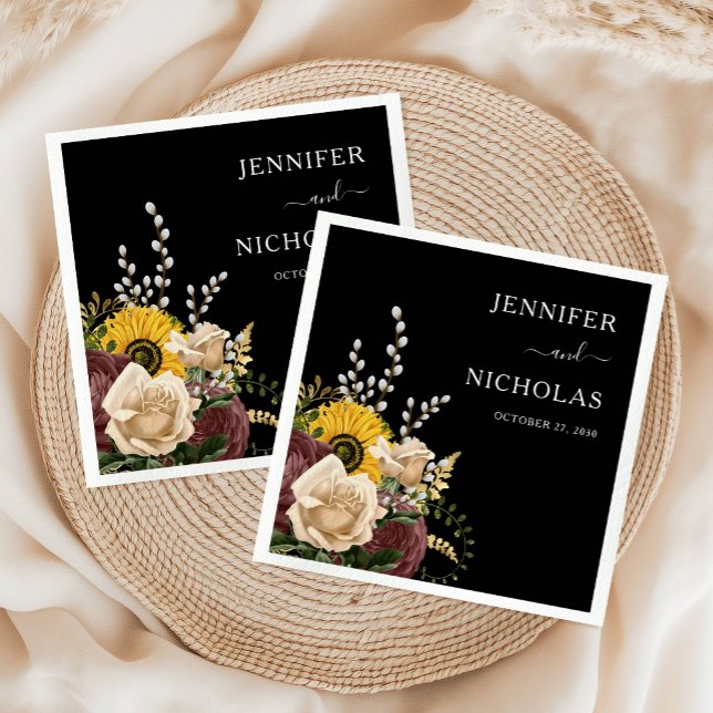 Guardanapo De Papel Casamento Floral Negro Elegante (Elegant Black Floral Wedding Napkins)