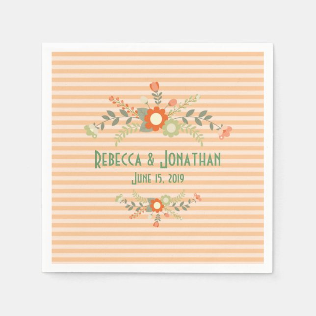 Guardanapo De Papel Casamento Floral Peach & Olive Green Personalizado (Frente)
