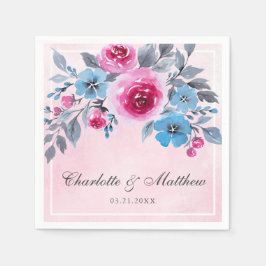 Guardanapo De Papel Casamento Floral Romântico Cor De Rosa E Azul
