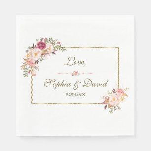 Guardanapo De Papel Casamento Floral Rosa-Rosa Dourado Glamoroso