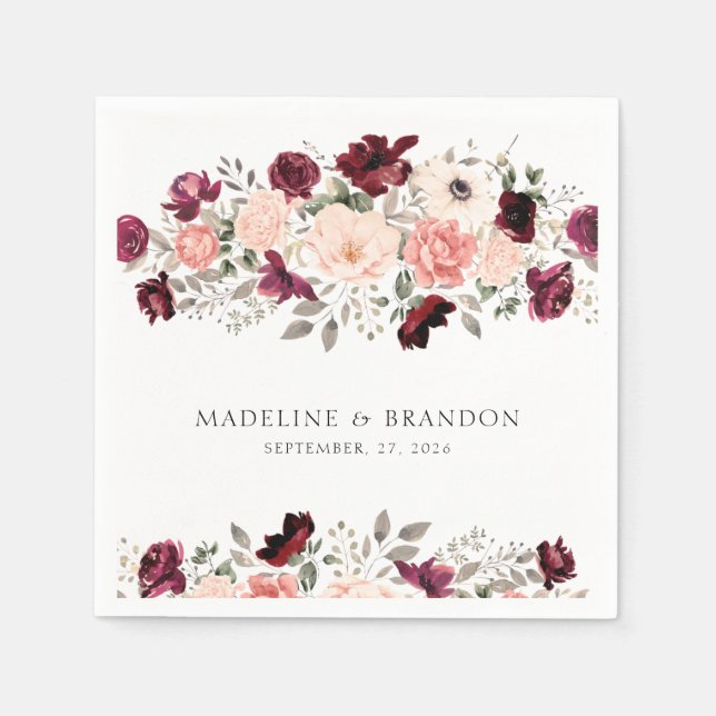 Guardanapo De Papel Casamento Floral Rustic Burgundy Blush (Frente)