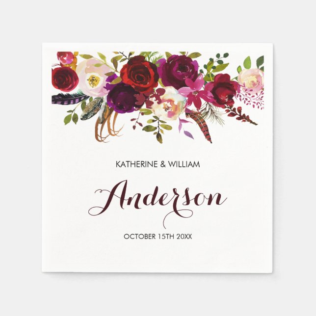 Guardanapo De Papel Casamento Floral Rustic Burgundy Marsala Chic (Frente)