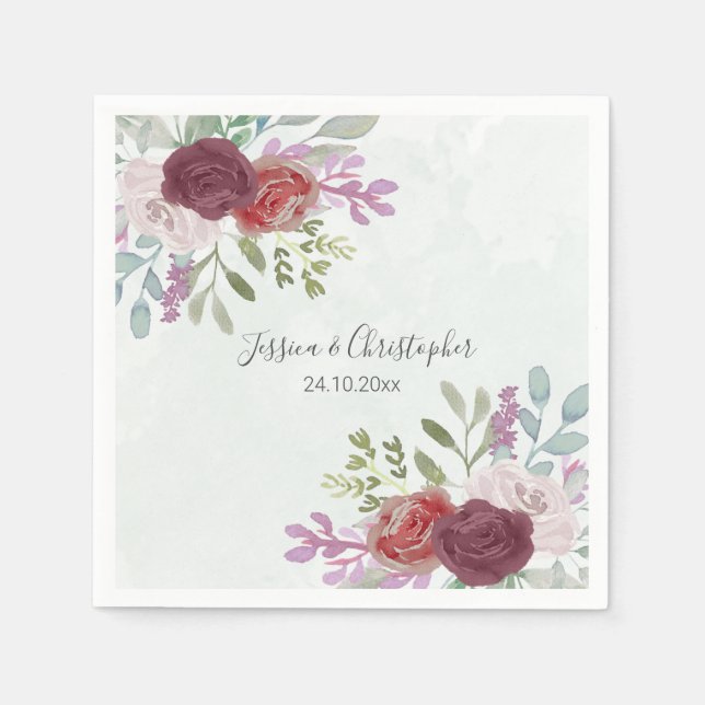 Guardanapo De Papel Casamento Floral Rustic Burgundy Watercolor (Frente)