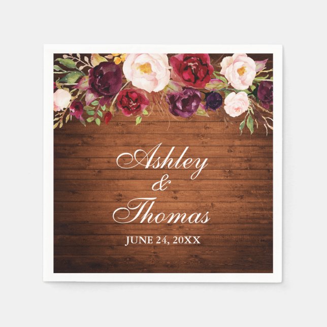 Guardanapo De Papel Casamento Floral Rustic Wood Burgundy (Frente)