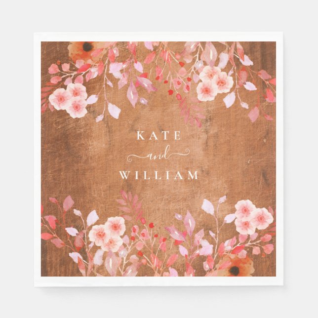 Guardanapo De Papel Casamento Floral Rustic Wood Peach Wildflower (Frente)
