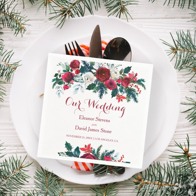 Guardanapo De Papel Casamento floral rústico de pinheiro verde-burgata (Criador carregado)