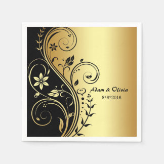 Guardanapo De Papel Casamento Floral Scroll Black Dourado Napkin