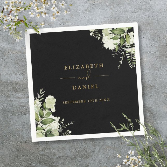 Guardanapo De Papel Casamento Floral Verde Elegante Preto e Dourado (Greenery Floral Elegant Black And Gold Wedding Napkins)