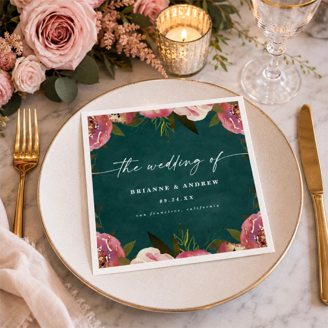 Guardanapo De Papel Casamento Floral Verde Teal Blooming Chic (Elegant reception napkins in deep teal colorway)